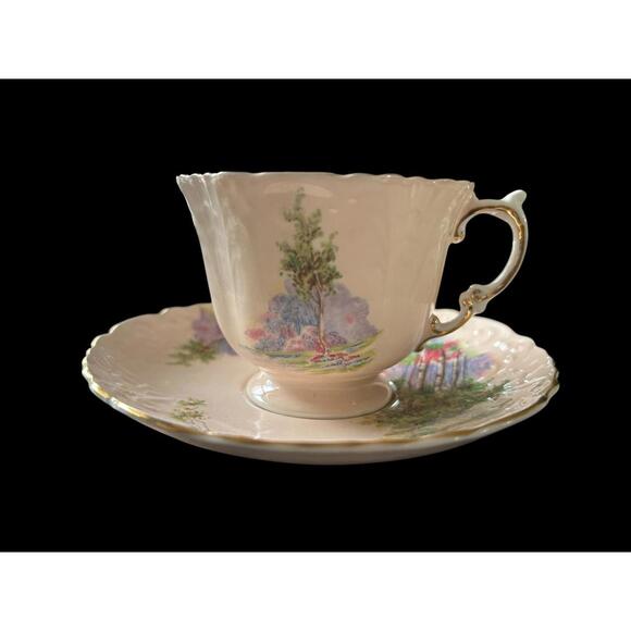 Vintage Porcelain Tea Cup/Saucer Set w Scenic Tree Design Aynsley Bluebell Time - Picture 2 of 9